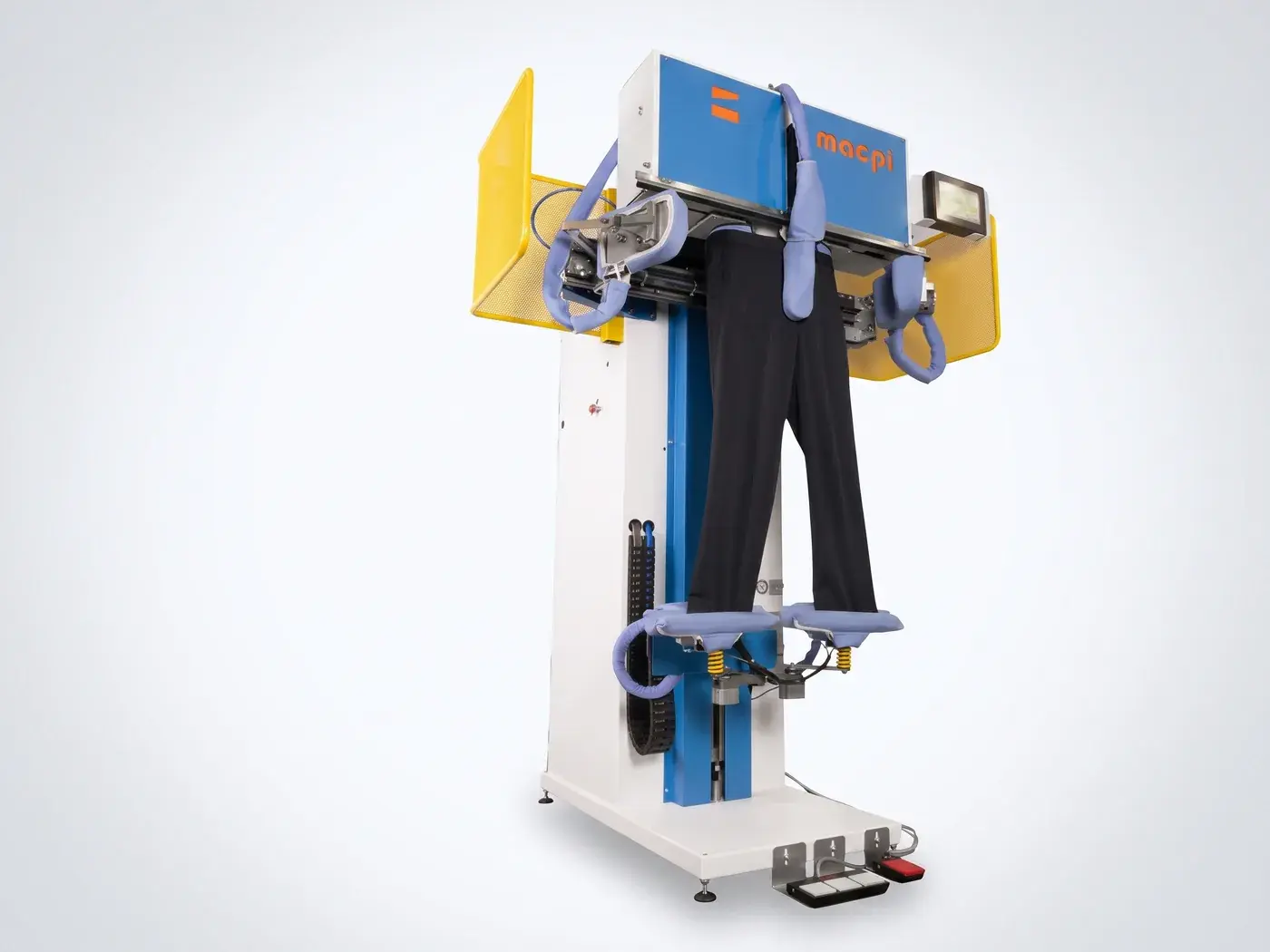 Macpi trouser form finisher, with the garment loaded and the hem clamps below