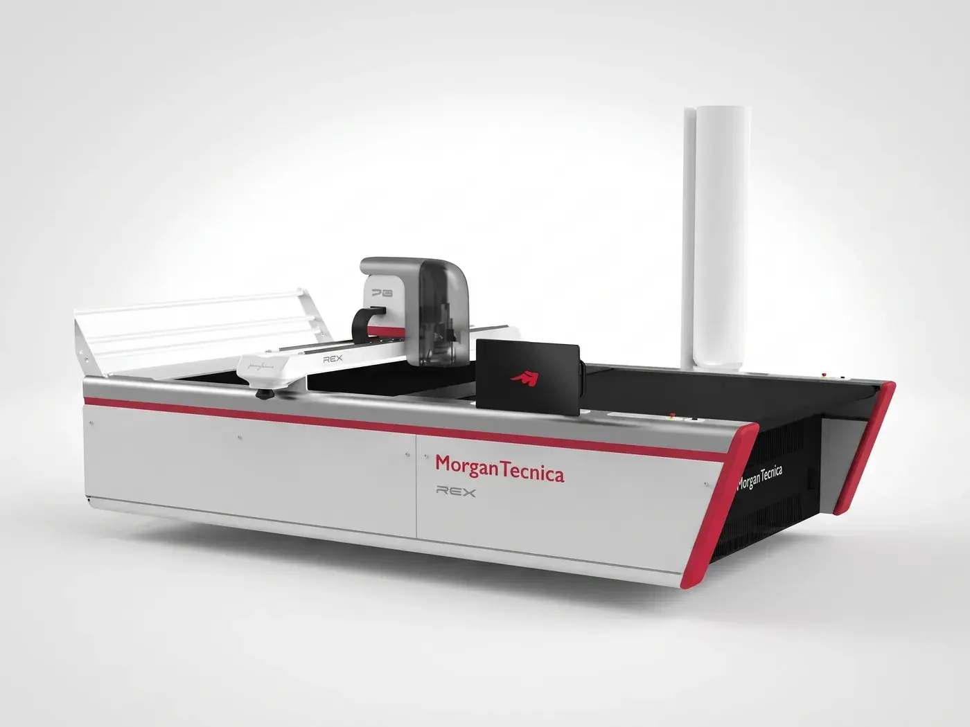 Morgan Tecnica REX automatic cutter, with its cutting head and the control screen over the table