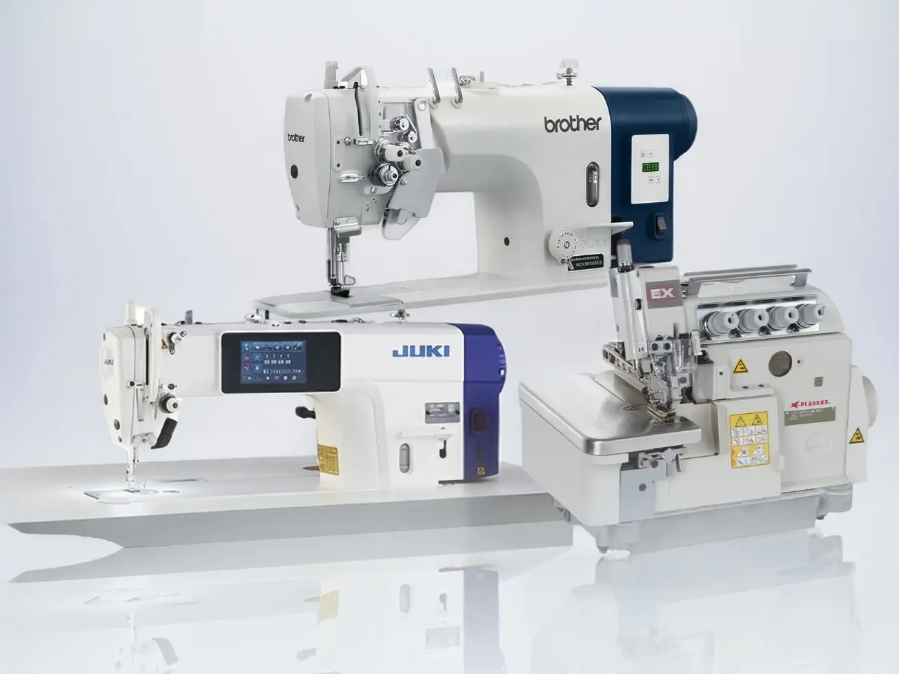 Brother twin-needle machine, Juki single-needle lockstitch machine and Pegasus overlock, set up and ready to run