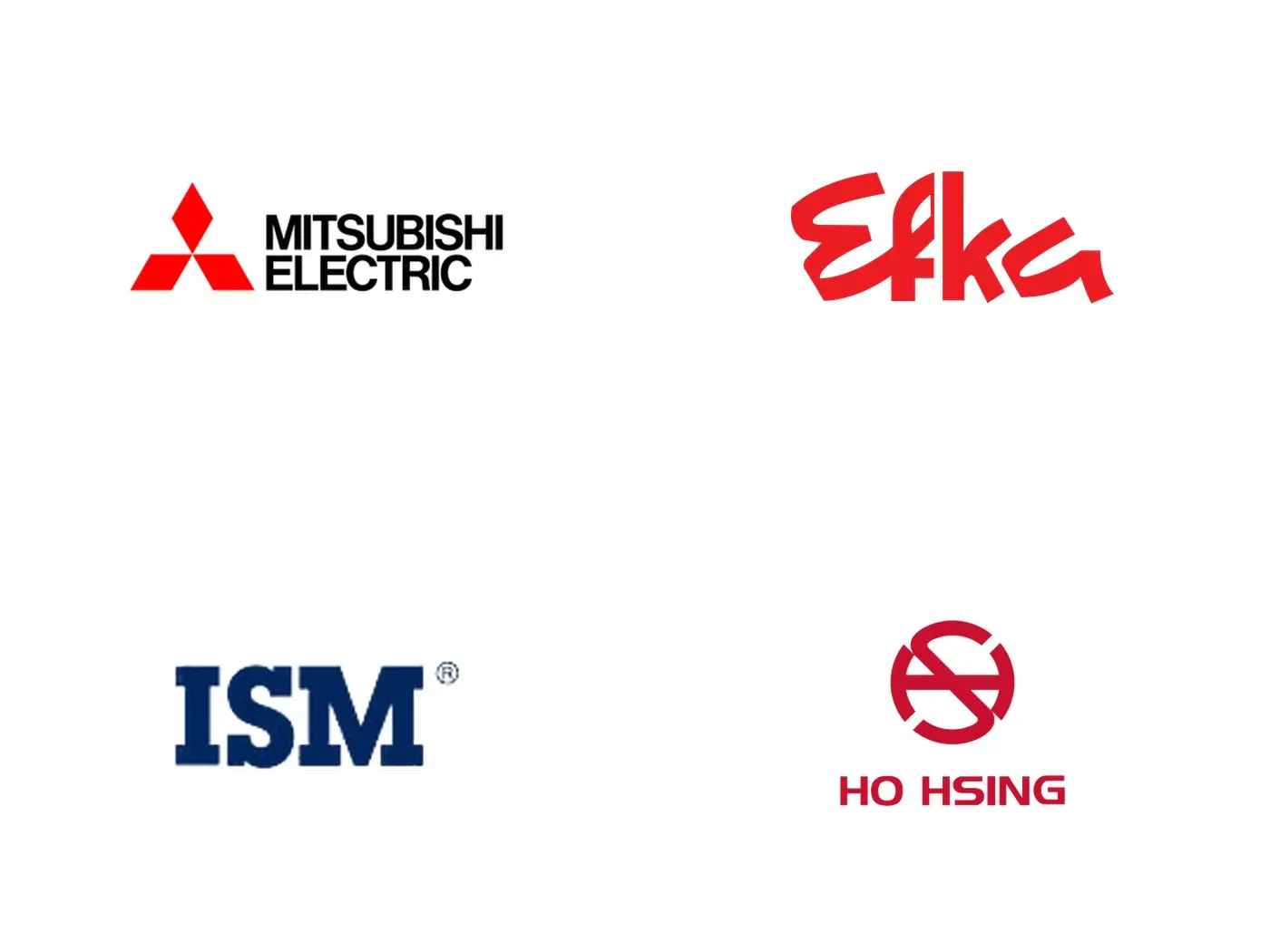 The logos of the four motor brands we represent: Mitsubishi Electric, Efka, ISM and Ho Hsing