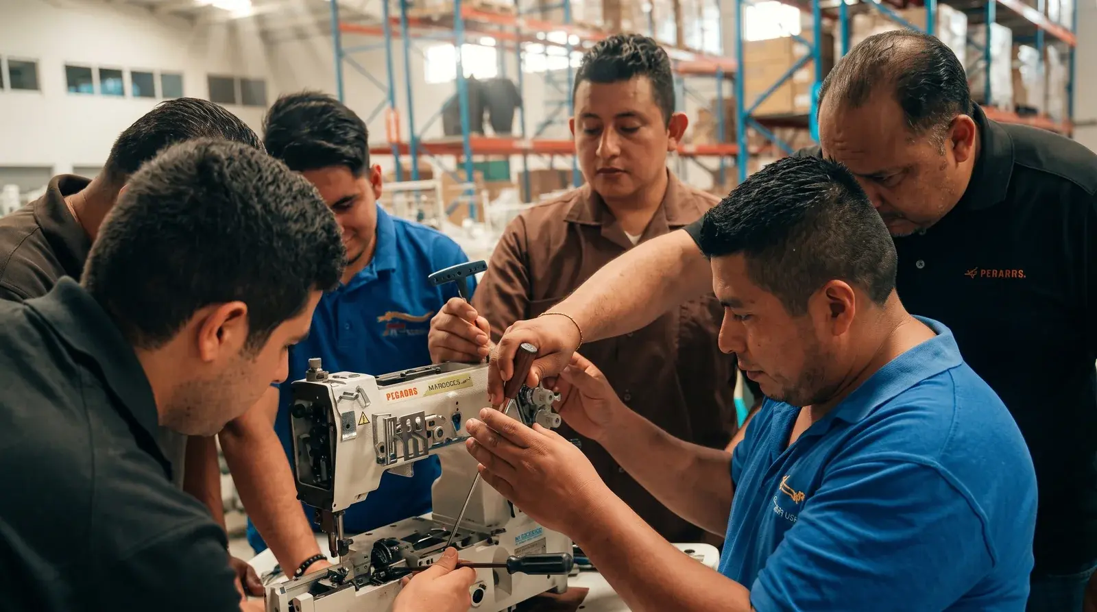 Six Agencia J.E. Handal technicians around an industrial sewing machine, adjusting it together in the warehouse